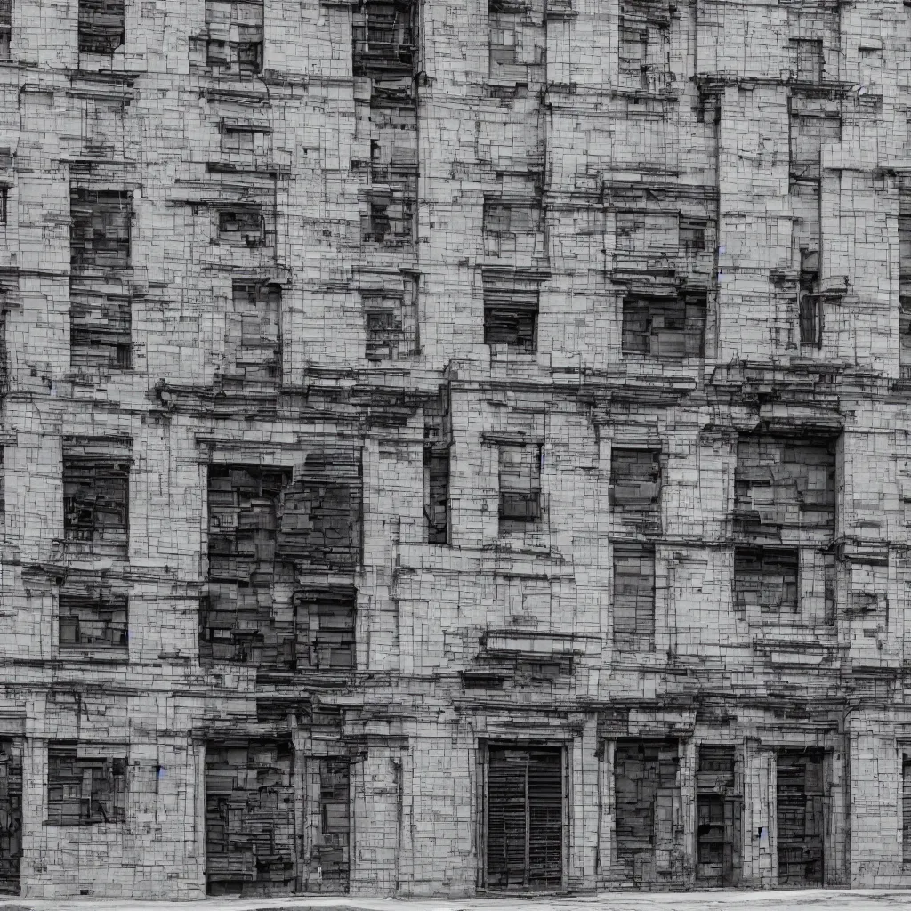 Image similar to a large building facade covered by lots of different makeshift doors, photographed by ansel adams, sony a 7 r 3, f 1 1, fully frontal view, ultra detailed,