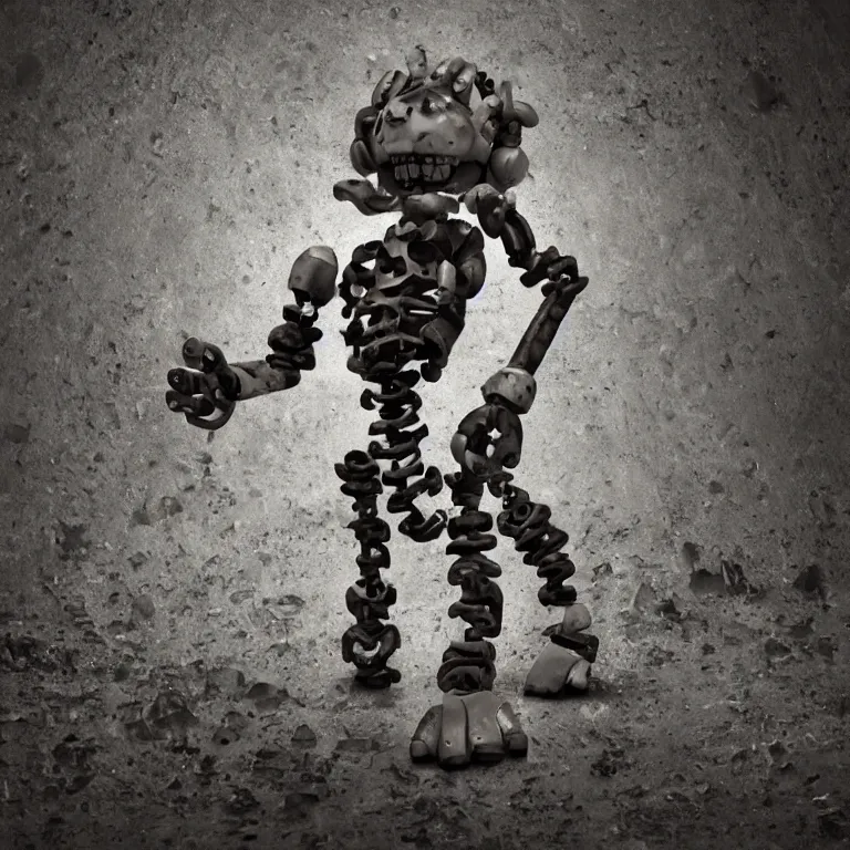 Prompt: photograph of a stylized worn down and broken endoskeleton that has been built by scott cawthon and chuck e cheese, rain, dense fog, alleyway, volumetric lighting, f 8 aperture, cinematic eastman 5 3 8 4 film