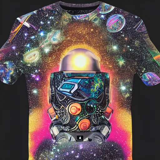 Prompt: photo of a t - shirt with a cool galactic print on the chest in the style of maximalism, product photo