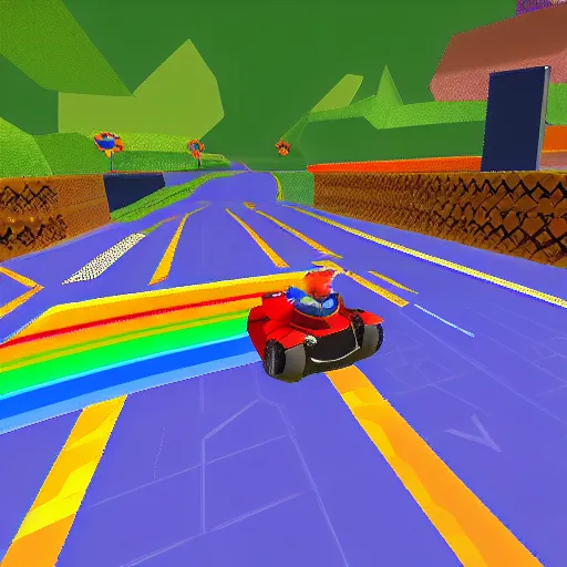 Image similar to thor on rainbow road, mario kart 6 4 screenshot, low poly, aliased