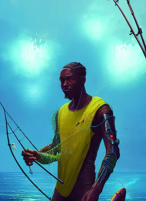 Image similar to portrait of a male jamaican fisherman sci - fi glowing fishing armor fishing rod cyberpunk muscular intricate elegant highly detailed digital painting artstation concept art, ocean background, reggae colors, cinematic, greg rutkowski, loish, rhads, ferdinand knab, makoto shinkai and lois van baarle, ilya kuvshinov, rossdraws, tom bagshaw