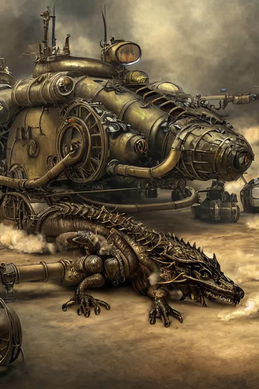 Prompt: hyper realistic dragon lying down with steam punk tanks and tubes and breathing apparatus on its back, white background, full frame, art byjon foster