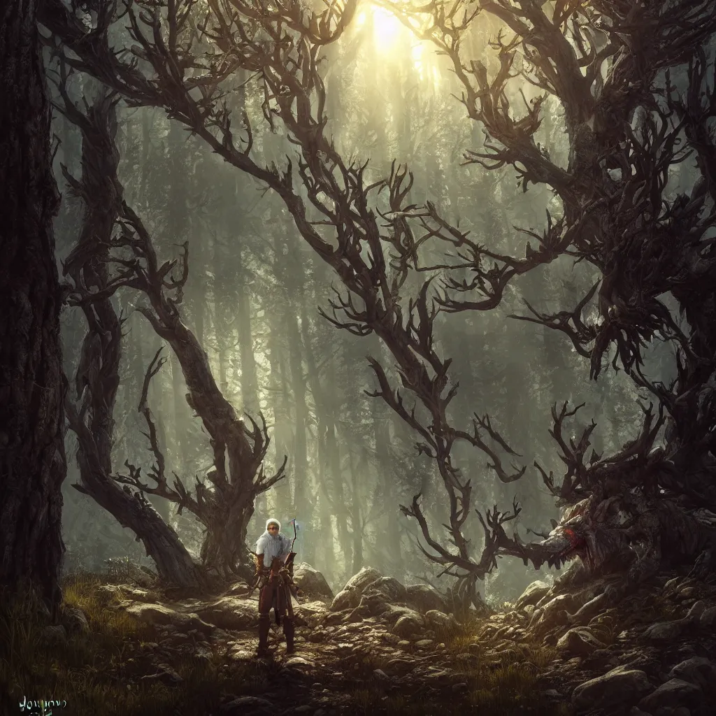 Image similar to witcher 3 leshen in woods, subsurface scattering, by jesper ejsing, justin gerard, tomasz alen kopera, cgsociety and fenghua zhong, highly detailed, rim light, cinematic lighting, illustration, art, octane render, very coherent, cinematic, hyper realism, high detail, octane render, 8 k