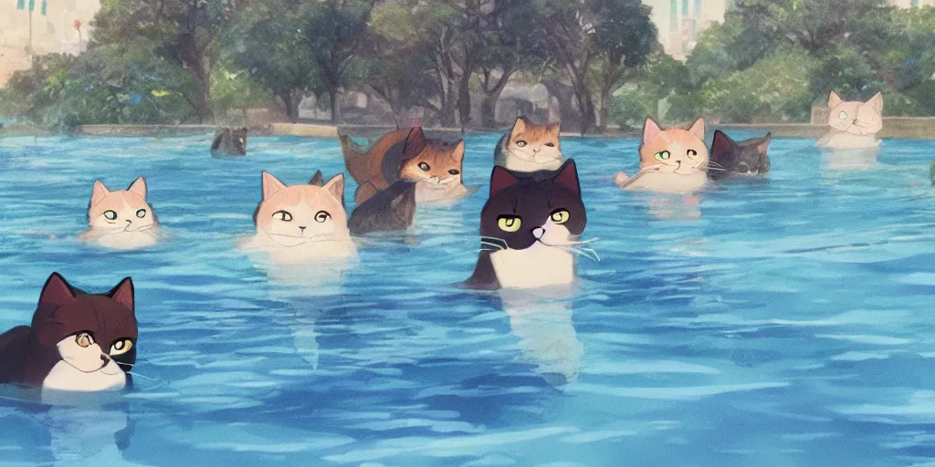 Prompt: cats swimming in the beira lake, in the style of Makoto Shinkai