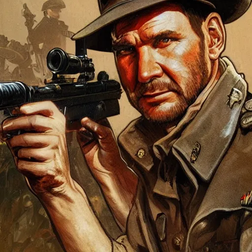 Prompt: indiana jones aiming a sniper rifle to a german wwii general, intricate, highly detailed, digital painting, artstation, concept art, sharp focus, cinematic lighting, illustration, art by artgerm and greg rutkowski, alphonse mucha, cgsociety,
