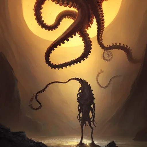 Prompt: a digital painting of cthulu standing in the distance, silhuette, huge creature, face with tentacles, back lighting, dramatic scene, detailed, night time, full moon, in the style of greg rutkowski