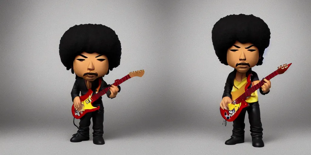 Image similar to funko of jimi hendrix, max resolution, high contrast, cinematic, light cinematic, volumetric, realistic, cinematic lighting, octane render, hyper realistic