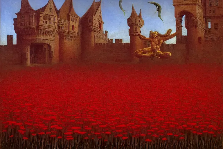 Image similar to only with red, red flowers of different types, a red tiger, a castle in the background, medieval demons dance over the flowers, an ancient path, in the style of beksinski, part by hopper, part by rodcenko, part by hofbauer, intricate composition, red by caravaggio, insanely quality, highly detailed, masterpiece, red light, artstation