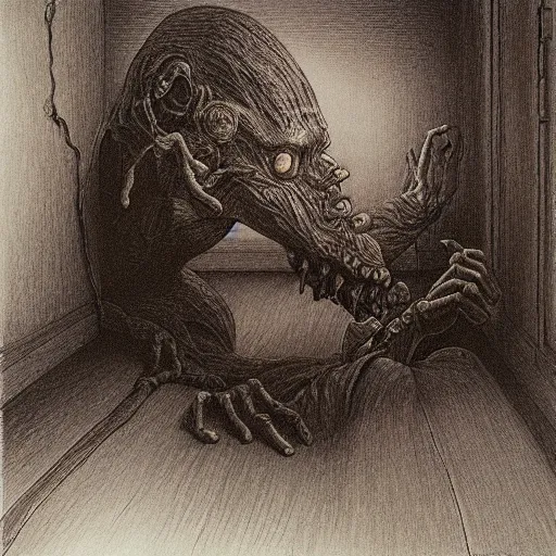 Prompt: drawing of a monster hiding under the bed by - Zdzisław Beksiński, detailed, elegant, intricate, horror themed