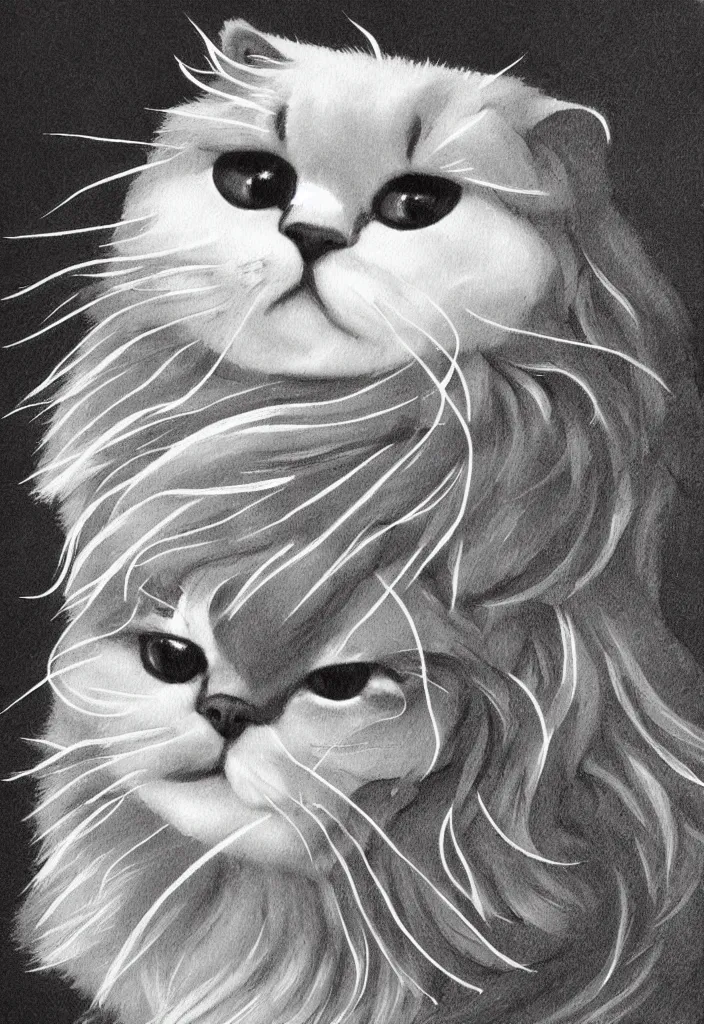 Prompt: longhair floof fluffy coiffed groom elegant gorgeously champion cute pretty scottish fold, radiant line art pen and ink and paint, grisaille dark monochrome with neon color airbrush spraypaint accents