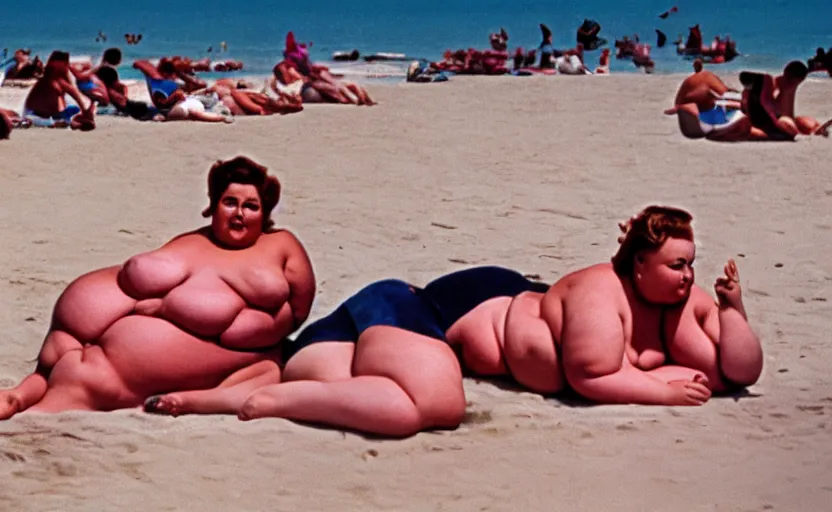 Image similar to 50s movie still: obese people sunbathing at the Polish seaside, by David Bailey, Cinestill 800t 50mm eastmancolor, heavy grainy picture, very detailed, high quality, 4k, HD criterion, precise texture, realistic human anatomy