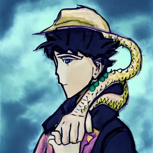 Prompt: portrait of a swaggy man with a hat listening to music with a dragon on his shoulder, Hirohiko Araki style