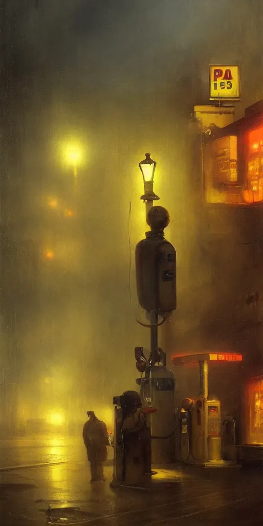 Image similar to a gas station in 1 9 4 0 with yellow and red light in the middle of the night, a men stand up next to the pump, mystical blue fog, oil on canvas, art by andreas achenbach, clemens ascher, tom bagshaw and sabbas apterus,