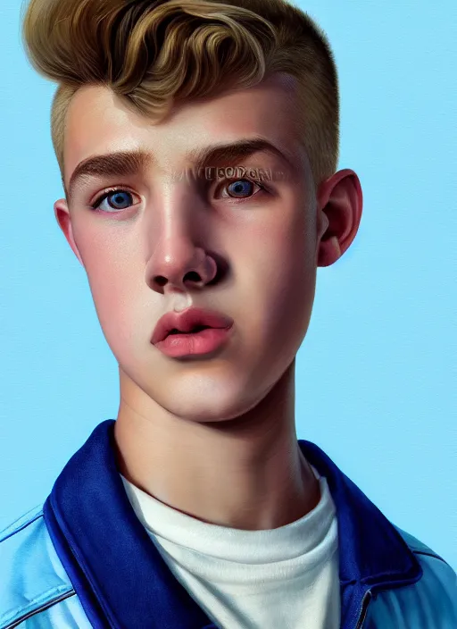 Image similar to portrait of a teenage boy named moose mason, blonde short hair, jock, beefy, square jaw, square facial structure, 1 9 5 0 s, blue varsity jacket, intricate, elegant, glowing lights, highly detailed, digital painting, artstation, concept art, smooth, sharp focus, illustration, art by wlop, mars ravelo and greg rutkowski