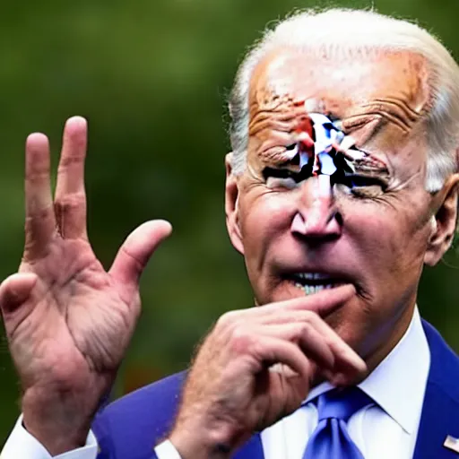 Image similar to joe biden giving speech looking up in the sky hands up