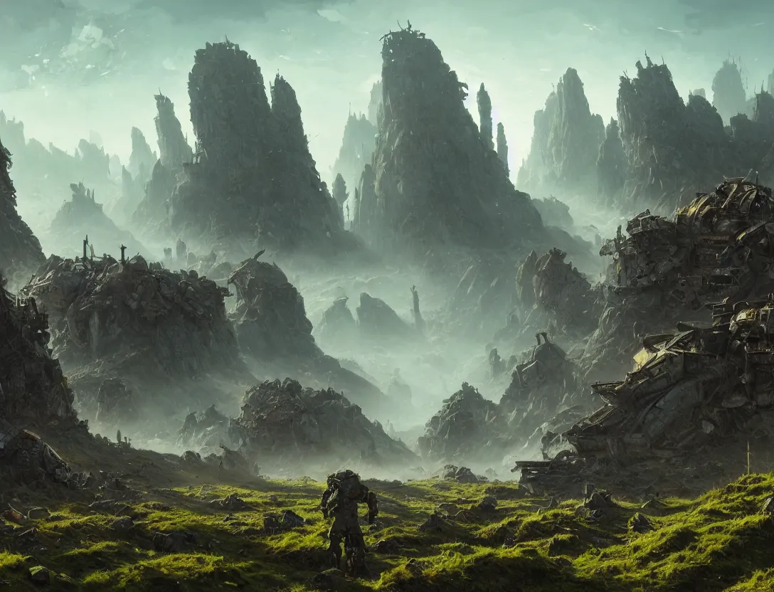 Prompt: the concept illustration of wasteland, ruins after the battle, desolate world, moss creeping up the ruins, rock high mountains in background, the broken remains of mechs, greg rutkowski, james gurney, johannes voss, john harris, alena aenami artworks in 4 k