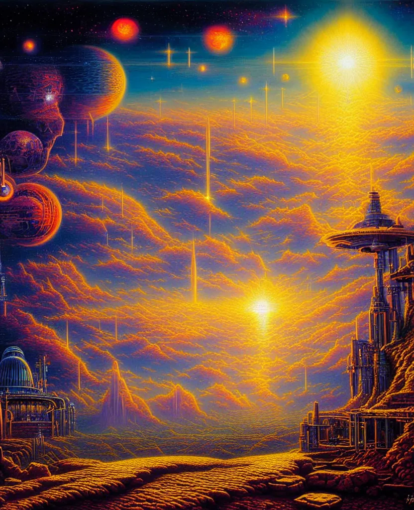 Prompt: a highly detailed photorealistic painting of a beautiful future for humanity, spiritual science, divinity, utopian, heaven on earth by david a. hardy, kinkade, oleg korolev, ben ridgeway, salvia droid, wpa, public works mural, socialist