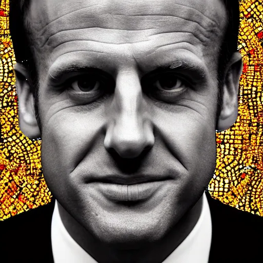 Prompt: portrait mosaic of Emmanuel macron with robot eyes, 4k, intricate details, digital, sun in the background