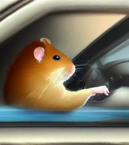 Image similar to a hamster wearing a cowboy hat looking out the driver's seat window of a hamster-sized pick-up truck. By Makoto Shinkai, Stanley Artgerm Lau, WLOP, Rossdraws, James Jean, Andrei Riabovitchev, Marc Simonetti, krenz cushart, Sakimichan, trending on ArtStation, digital art.