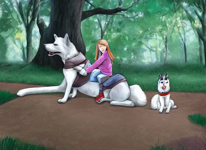 Prompt: A girl riding a giant husky dog in a park, detailed digital art