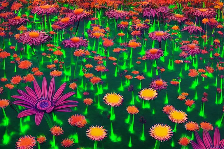 Image similar to beautiful field of giant gerber daisy flowers digital illustration by dr. seuss : 1 | colorful surreal psychedelic megaflora forest by beeple : 1