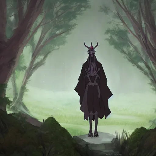 Image similar to concept art painting of an anthropomorphic dragon king with black robes, a long neck, and skull mask, in a deep forest, cel shaded, in the style of makoto shinkai and james gurney and studio ghibli and moebius