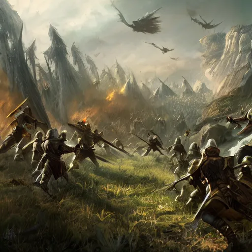 Prompt: war torn battlefield, wizards fighting in the distance, a fallen mages in focus, dnd, fantasy, high quality, high definition, concept art, smooth