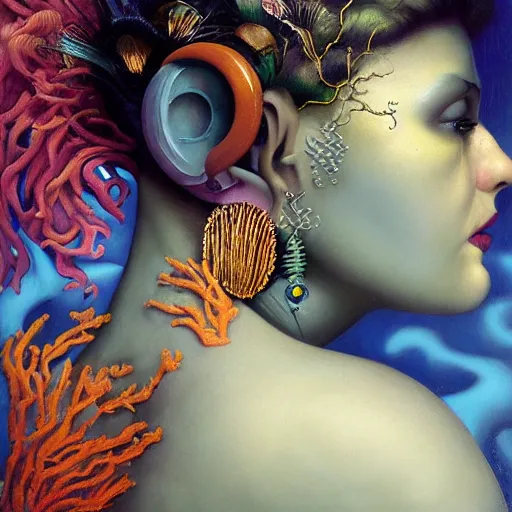 Prompt: dynamic composition, a painting of a woman with hair of seaweed and ( brightly - colored - corals ), wearing ornate earrings, a surrealist painting by tom bagshaw and jacek yerga and tamara de lempicka and jesse king, underwater, featured on cgsociety, pop surrealism, surrealist, dramatic lighting, pre - raphaelite, ornate gilded details