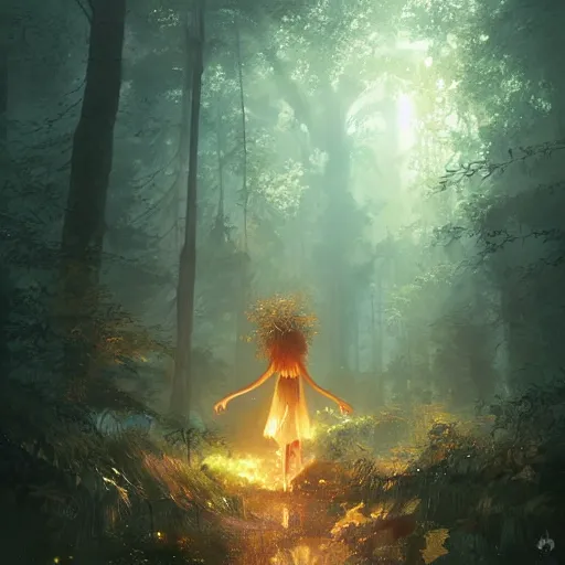 Image similar to a young girl lost in the woods encounters a gigantic glowing golden manifestation of the spirit of the forest at night. Jordan Grimmer. Geoffroy Thoorens.