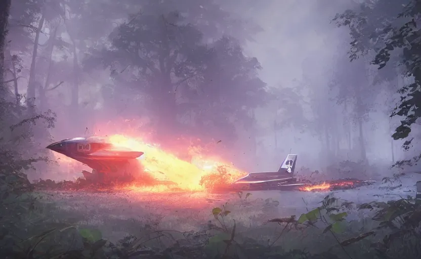 Prompt: a fighter design spaceship on fire crashed in a swamp forest, on the ground, smoke, smoke, cloudy air. Atmospheric lighting, overgrowth. By Makoto Shinkai, Stanley Artgerm Lau, WLOP, Rossdraws, James Jean, Andrei Riabovitchev, Marc Simonetti, krenz cushart, Sakimichan, trending on ArtStation, digital art.