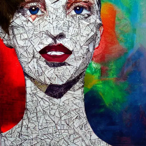 Image similar to a painting made out of Fragments of images taken from online sources, fashion magazines, and family photographs, they all come together to form hybrid faces and figures in the Dadaesque style but with a realist twist, evoking the intimacy and intensity of a face-to-face encounter, contemporary art, mixed media