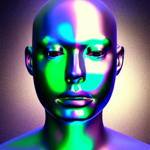 Image similar to 3d render of holographic human robotic head made of glossy iridescent, surrealistic 3d illustration of a human face non-binary, non binary model, 3d model human, cryengine, made of holographic texture, holographic material, holographic rainbow, concept of cyborg and artificial intelligence