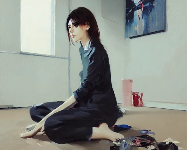 Image similar to A ultradetailed beautiful portrait panting of a stylish woman sitting on the ground of a messy apartment, Oil painting, by Ilya Kuvshinov, Greg Rutkowski and Makoto Shinkai