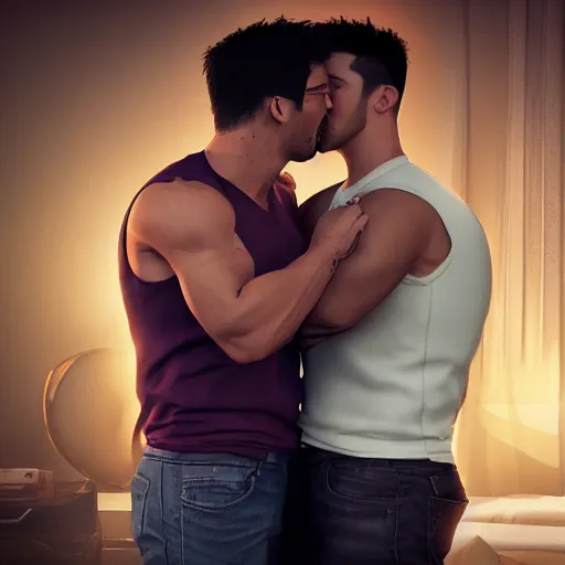 Image similar to markiplier kissing a buff guy, dslr, 8 k, octane beautifully detailed render, cold lighting, cinematic lighting, detailed photo, masterpiece, volumetric lighting, ultra realistic, highly detailed, high quality, lossless, photorealistic