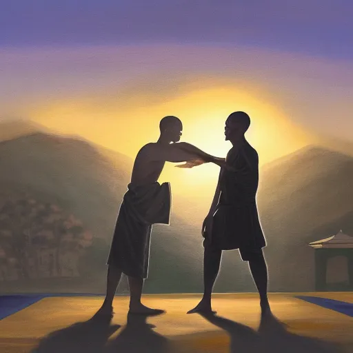 Image similar to barack obama engaged in hand to hand combat with a buddhist master, dramatic lighting at sunset atop a temple, painting