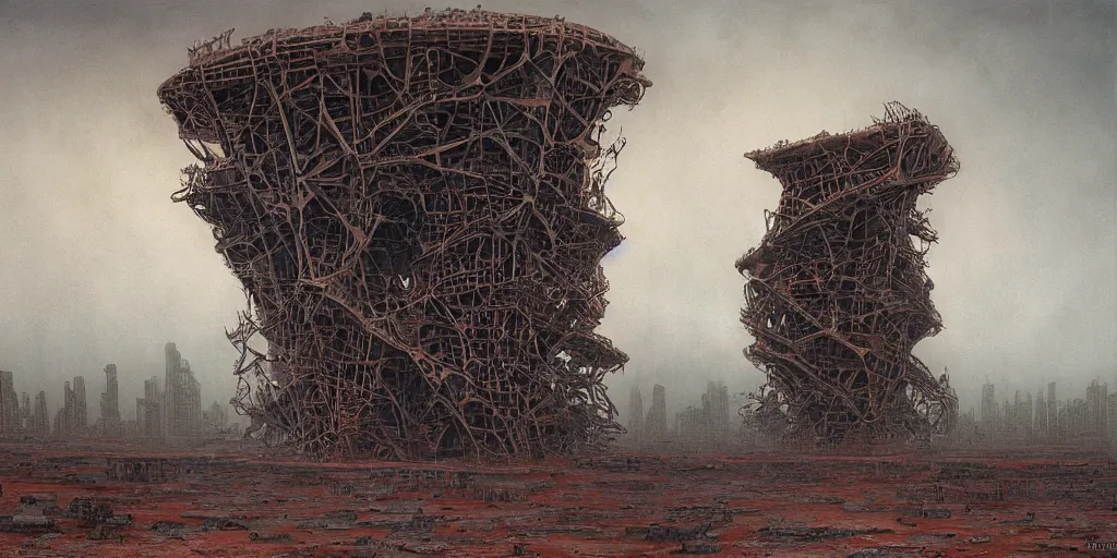 Prompt: supernova, mars red desert, neo brutalism babylon tower made from whale skeleton, painted by steve mccurry, terror, dark gloomy atmosphere, foggy, ruan jia, raymond swanland, lawrence alma tadema, zdzislaw beksinski, norman rockwell, jack kirby, tom lovell, alex malveda, greg staples