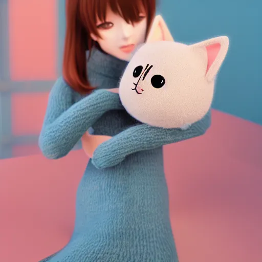 Image similar to cute fumo plush of a cat girl in a woolen sweater, anime girl, vray