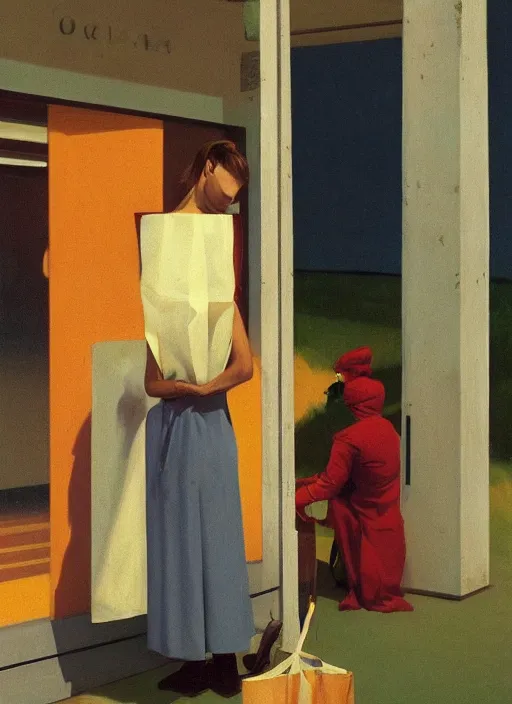 Image similar to women in paper bag over the head and a sward at gas station with portable oxygen tank Edward Hopper and James Gilleard, Zdzislaw Beksinski, highly detailed