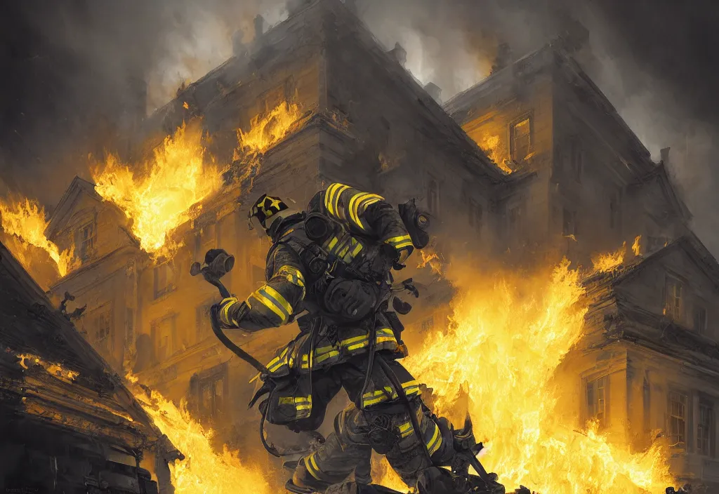 Prompt: an heroic firefighter in action in black and yellow uniform, front of the us presidential's white house, fire flames, sharp details, sharp focus, photorealistic, octane, hyper detailed, trending on deviantart, illustration, by jordan grimmer and greg rutkowski and pine ( ハイネ ), intricate