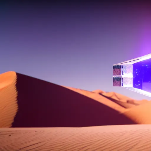 Image similar to big angular translucent crystal in the desert, reflection from the crystal is sparkling due to sun, small retro starship is near, futuristic hi-tech details, art by anthony macbain + greg rutkowski + alphonse mucha, concept art, 4k, sharp focus, cinematic render unreal engine