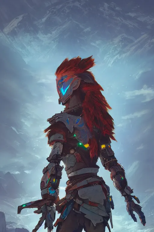 Image similar to combination suit armor aloy horizon forbidden west horizon zero dawn radiating a glowing aura global illumination ray tracing hdr fanart arstation by ian pesty and alena aenami artworks in 4 k tribal robot ninja mask helmet backpack