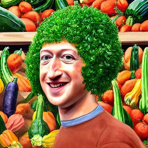 Prompt: mark zuckerberg as a zucchini, vegetable market stand in the background, digital painting by arcimboldo