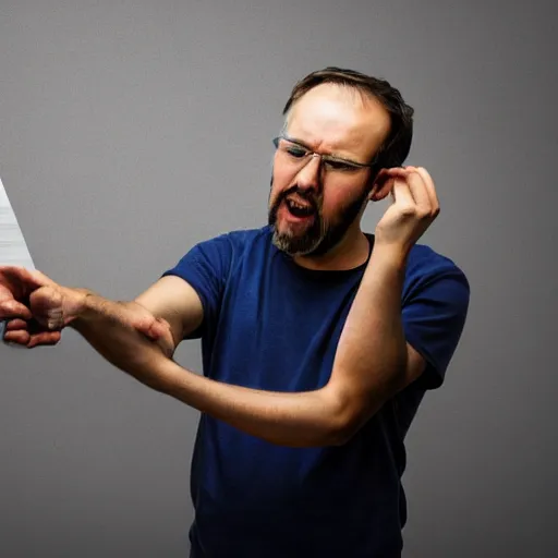 Prompt: visibly sad crying man pointing at a ruler, high resolution photo