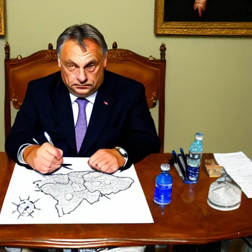 Image similar to viktor orban drawing a map, oil painting