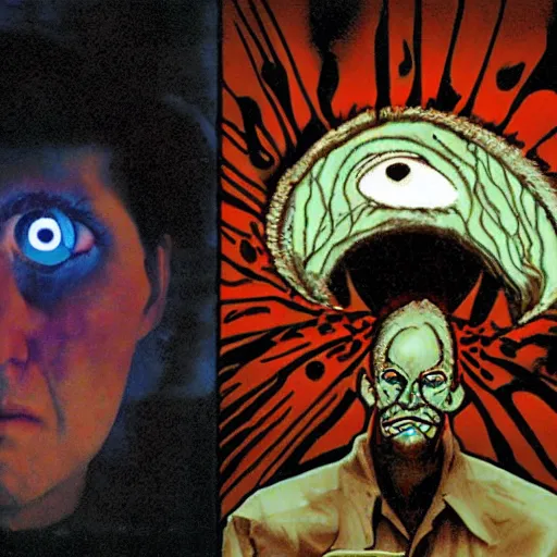 Image similar to depraved and insane man with spiral eyes and tvs with eyes on the screen all around in the style of herbert ploberger and nainoa rosehill