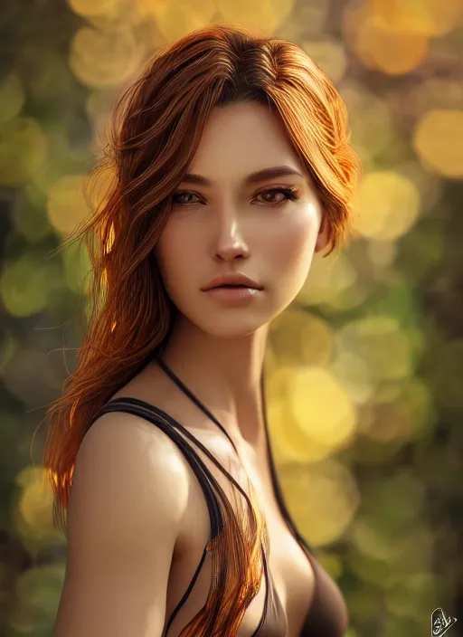 Image similar to photo of a gorgeous female in the style of stefan kostic, realistic, half body shot, sharp focus, 8 k high definition, insanely detailed, intricate, elegant, art by stanley lau and artgerm, extreme bokeh light spring foliage