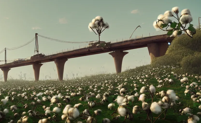 Image similar to a big bridge destroyed by explosions in the form of cotton plants, 3 d octane render, epic lighting, 8 k, by goro fujita