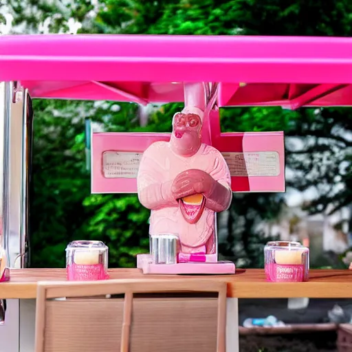 Image similar to pink ice cream man screaming whilst surrounded by relaxing scented candles