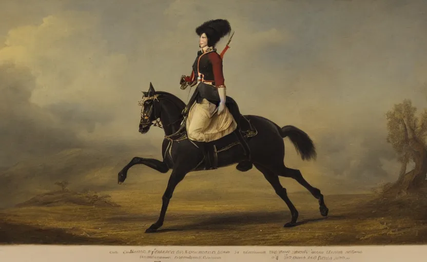 Image similar to woman in napoleonic dress standing on the back of a galloping horse on a battlefield