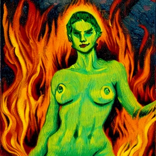 Image similar to a tarot card with green fire. attractive bikini babes made of fire dance around a masculine figure made of death. oil painting with a decorative border, 3 x 5 in size, in the style of van gogh